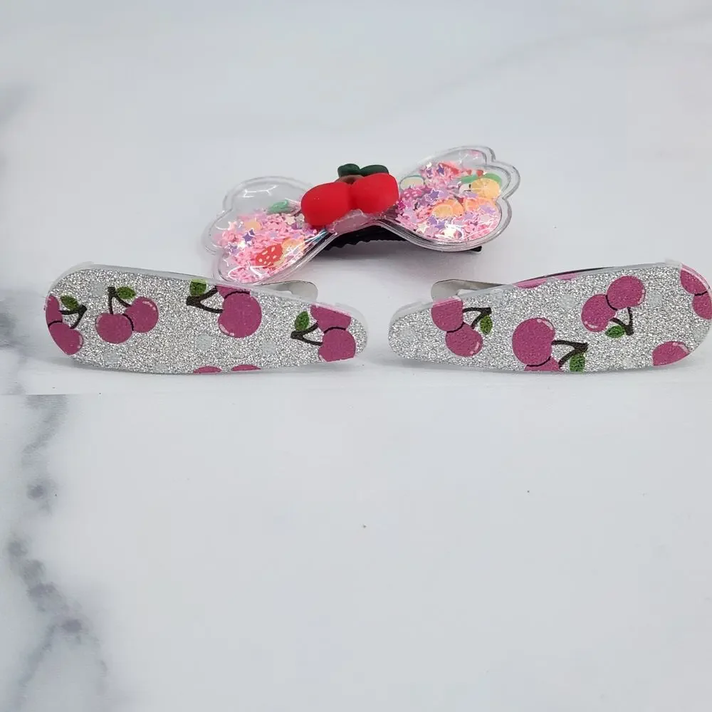 3 pc Cherry Theme Hair Accessories Glittery Bow with Cherry Charm & Snap Clips